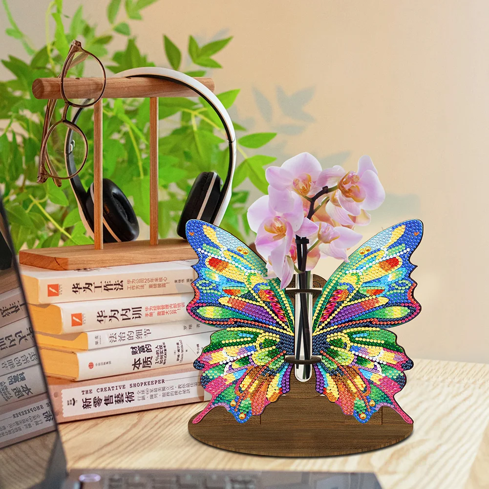 DIY Wooden Butterfly Diamond Painting Flower Vase Ornaments for Home Office Decor