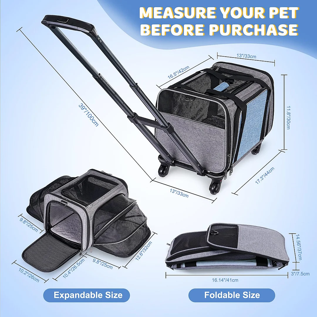 BEBANG Rolling Pet Carrier with Wheels, Expandable Pet Carrier for Small Dogs Cats Under 26LBS, Foldable Small Dog Bag with Wheels Removable for Travel, Outdoor
