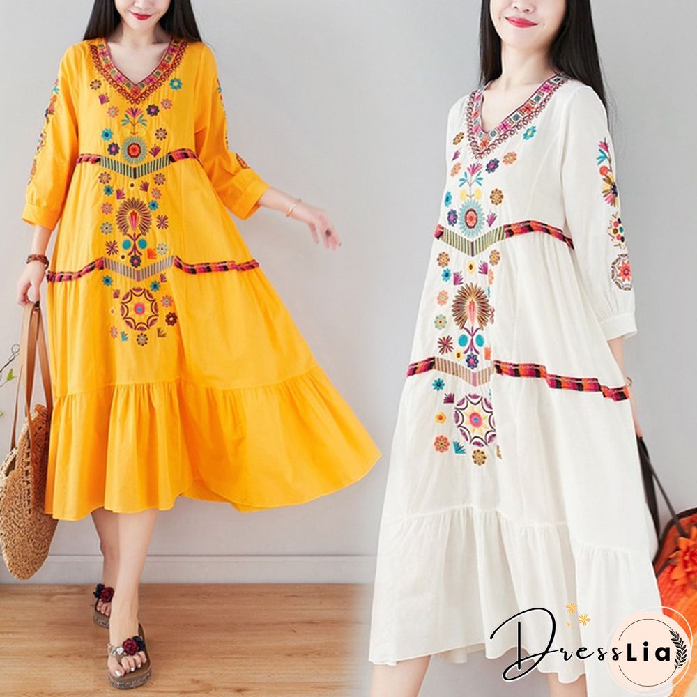 Women Dress Midi Linen Ethnic Floral Embroidery Tunic Beach Boho Holiday Hippie