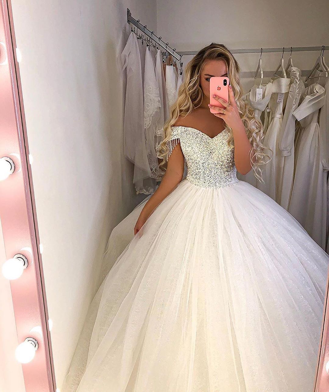 Modest Off-The-Shoulder Tulle Princess Wedding Dress with Lace main image 0