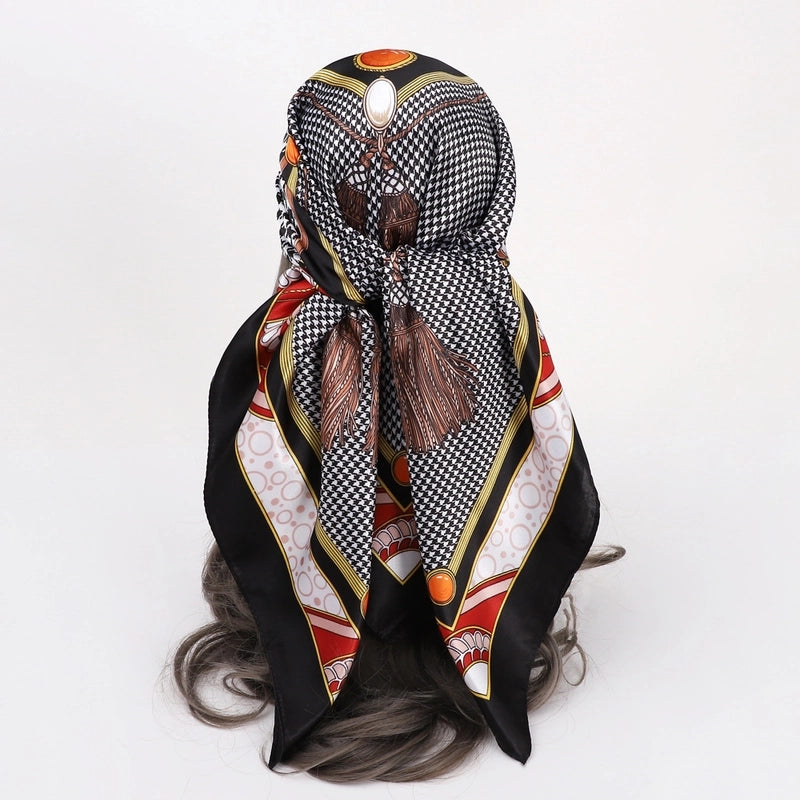 Women’s Vacation Plaid Satin Printing Silk Scarf