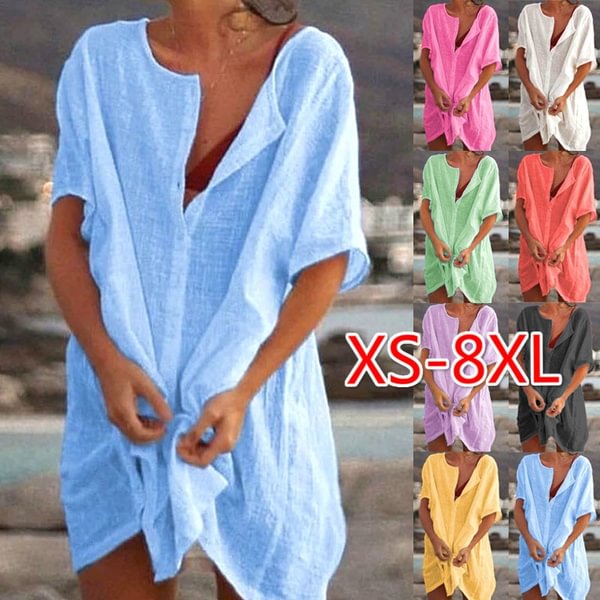 XS-8XL Plus Size Fashion Dresses Spring Summer Clothes Women's Casual Short Sleeve Blouses Loose Deep V-neck Dress Beach Wear Party Dress Ladies Casual Solid Color Swimsuit Cover-up Linen Beach Dress - Shop Trendy Women's Clothing | LoverChic