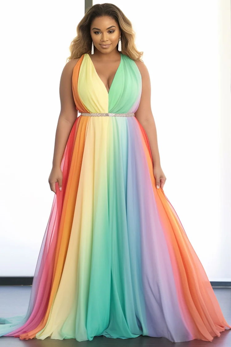 Xpluswear Design Plus Size Formal Rainbow Elegant Gradient V Neck Maxi Dresses [Pre-Order] 2024 - Xpluswear
