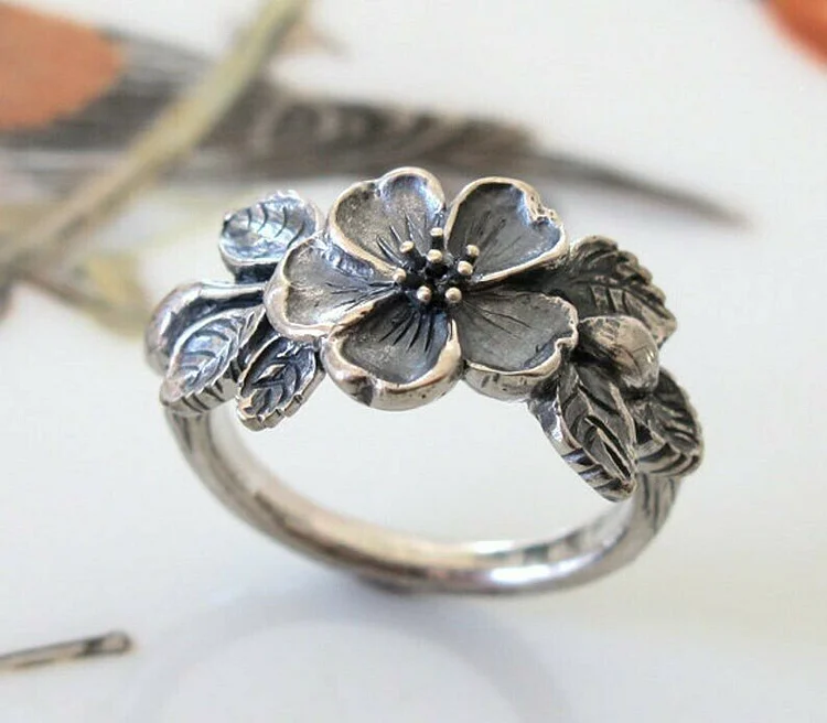 925 Vintage Flower Leaf Ring