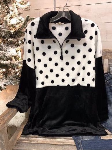 Shawl Collar Polka Dots Long Sleeve Sweatshirt