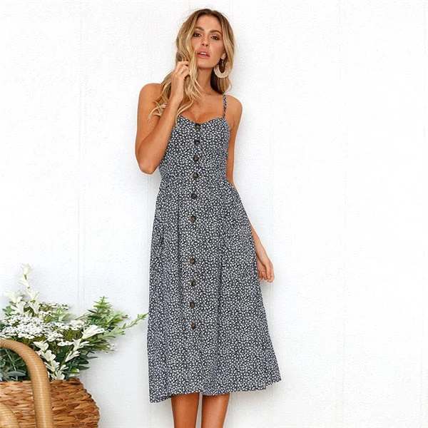 Casual Vintage Sundress Female Beach Dress Midi Button Backless Polka Dot Striped Women Dress Summer 2020Sexy Strap Floral Dress