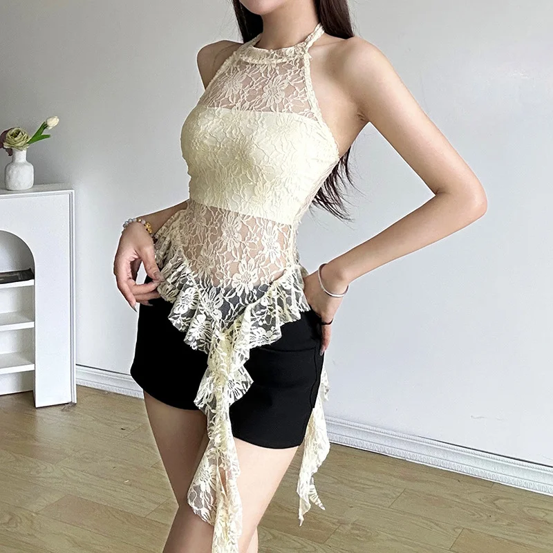 Uveng 2024 Summer New Women's Clothing Pure Desire To Hang The Neck Of The Open Back Irregular Side Of The Small Vest