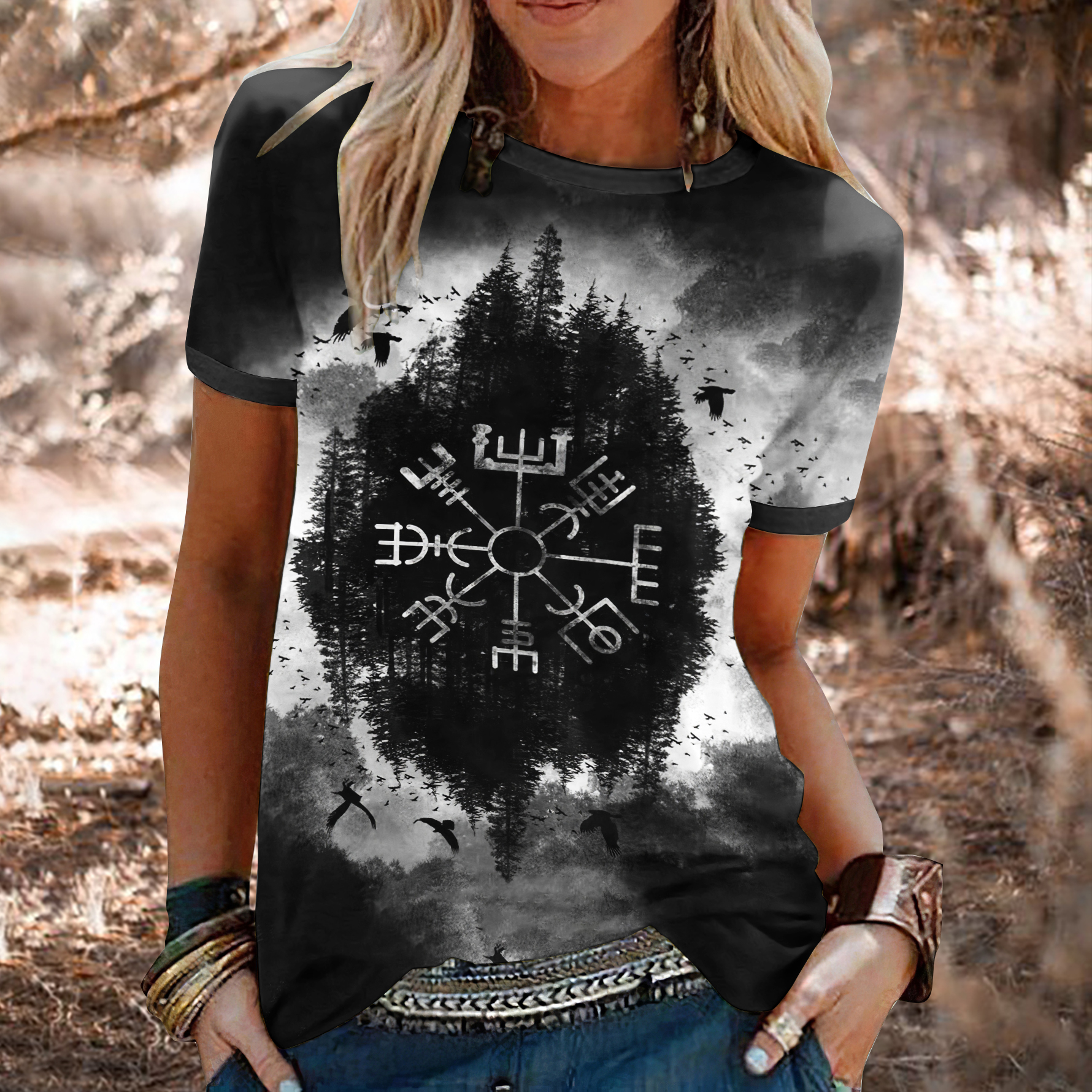 Retro Viking Totem Landscape Print T-Shirt elevenforest