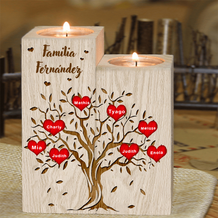 A Familia - Candelero de madera sin vela Árbol de la Vida Árbol Genealógico 8 nombres y 1 texto personalizados
