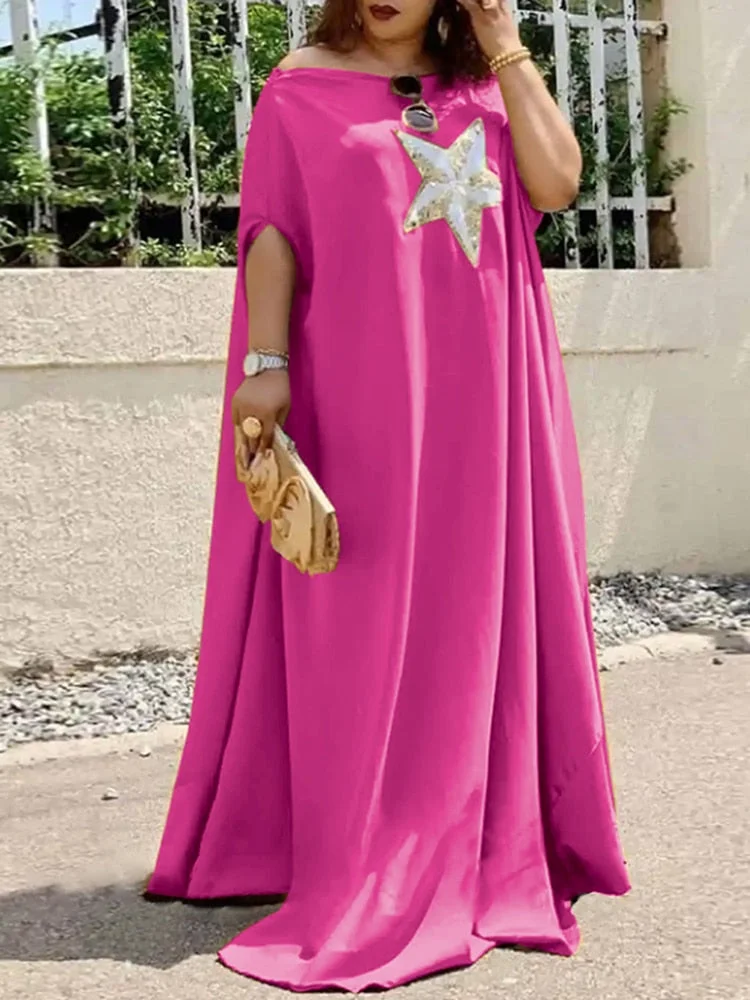 VONDA 2022 Women Summer Off Shoulder Sexy Dress Vintage Short Sleeve Star Print Maxi Long Dresses Ladies Party Vestidos Oversize