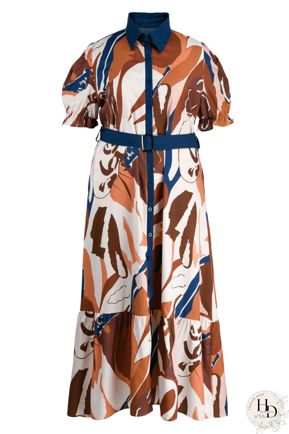 Tangerine Casual Print Patchwork Buckle Turndown Collar Straight Plus Size Dresses