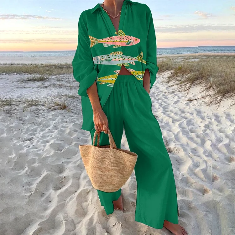 Women's Sardines Printed Shirt & Pants Two-piece Set