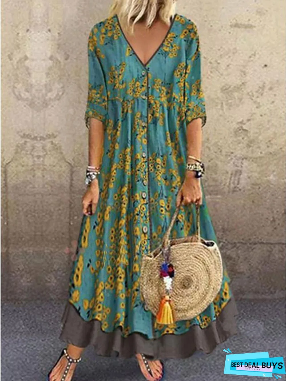Women's A-Line Dress Maxi Long Dress - Half Sleeve Floral Layered Button Print Spring & Summer Deep V Hot Casual Holiday Vacation Dresses Loose Red Green Gray