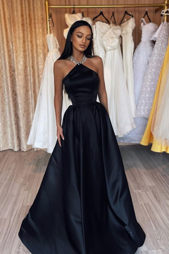 Bellasprom Halter Sleeveless Black Prom Dress Long Satin Party Gowns Bellasprom