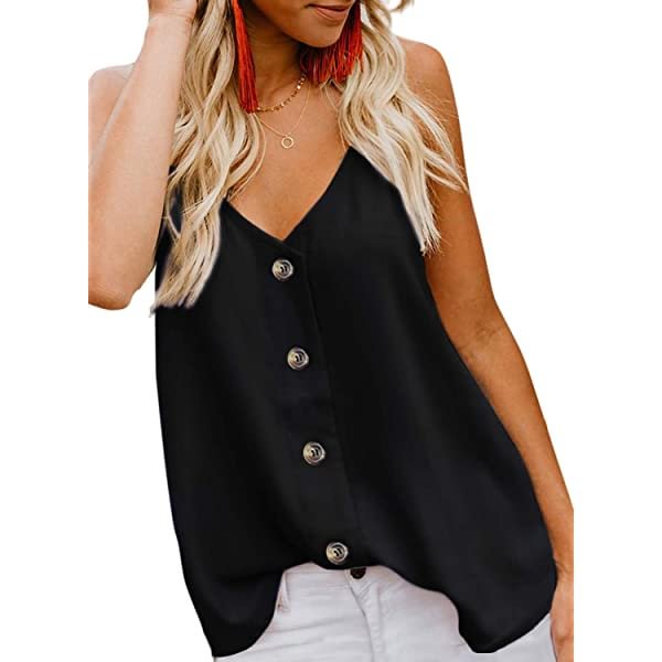Women's Button Down V Neck Strappy Tank Tops Loose Casual Sleeveless Shirts Blouses