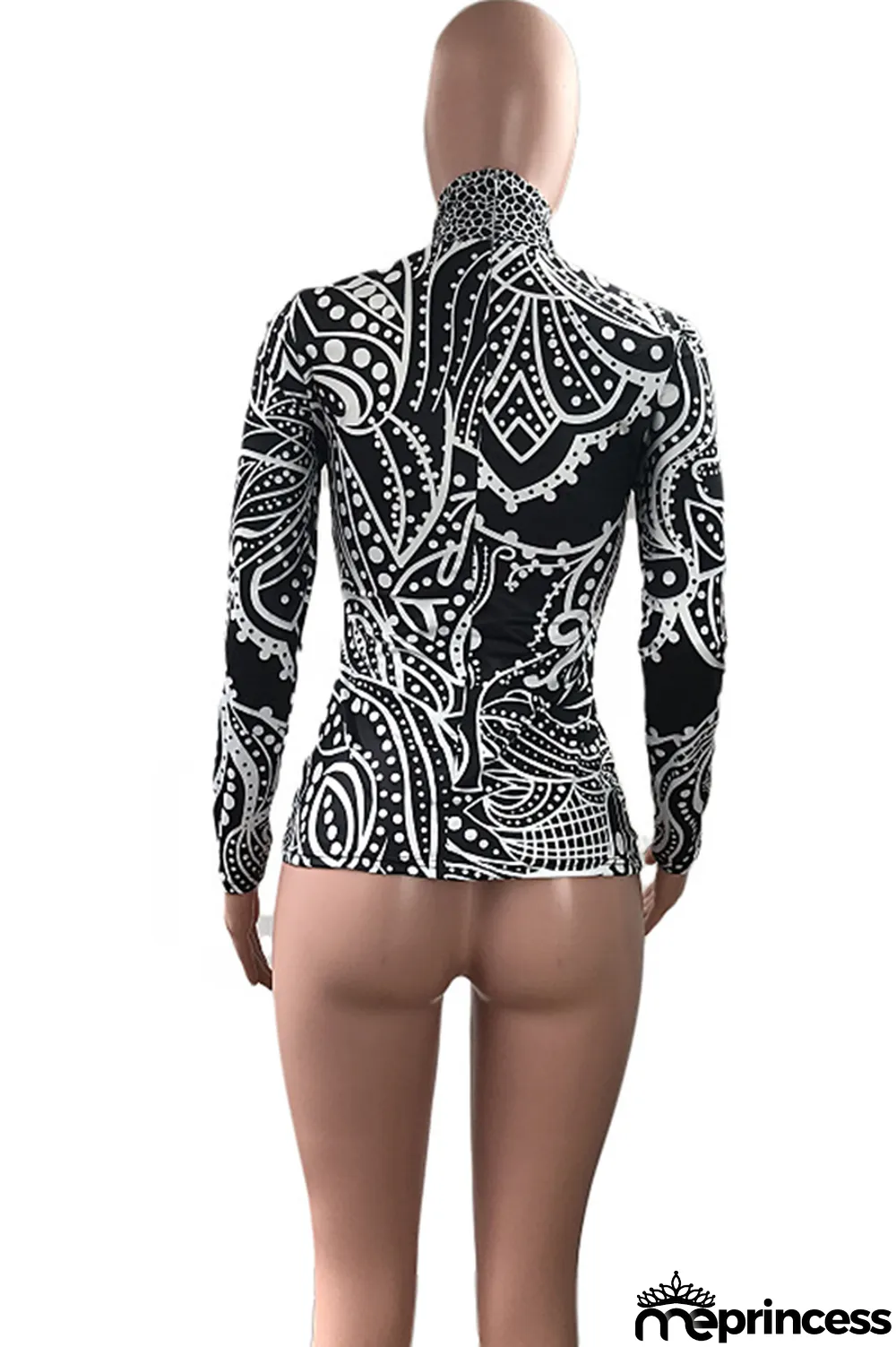 Black Turtleneck Long Sleeve Geometric Print Long Sleeve Tops