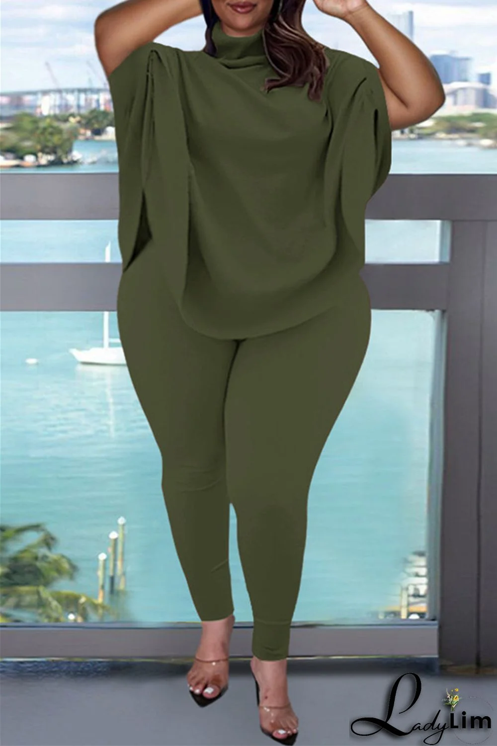 Pink Fashion Casual Solid Basic Turtleneck Short Sleeve Two Pieces