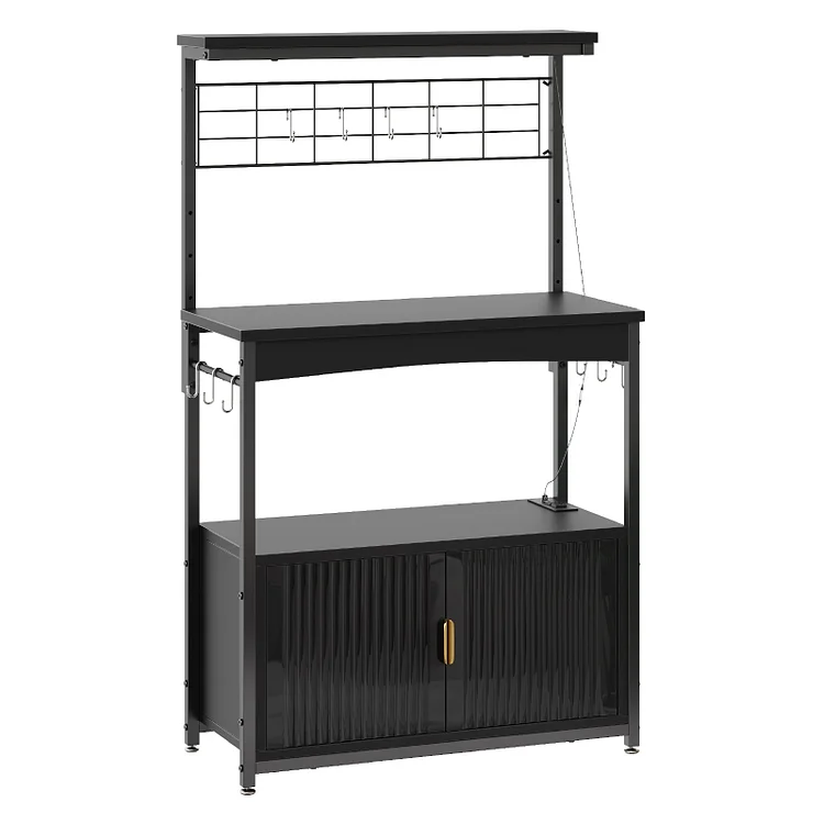 Bestier Bakers Rack with Power Outlet, Height-Adjustable 45" to 55" Kitchen Microwave Stand with Sstorage Cabinet, Coffee Bar Cabinet with LED Light, Kitchen Stand with 10 S-Hooks (Black)
