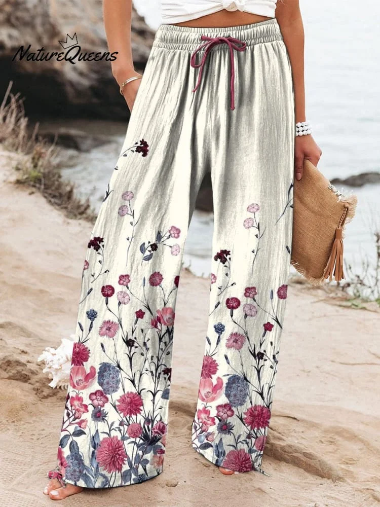 Women's Vacation Beige Rose Retro Pattern Art Printed Cotton And Linen Casual Pants