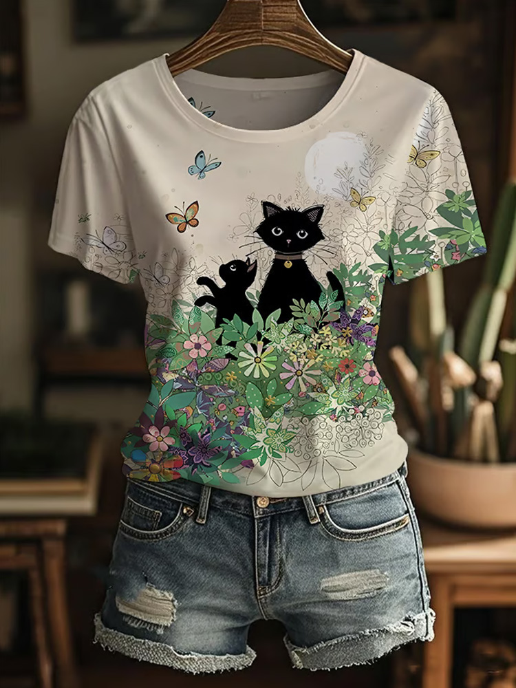 Comstylish Women's Casual Art Cat Print T-shirt