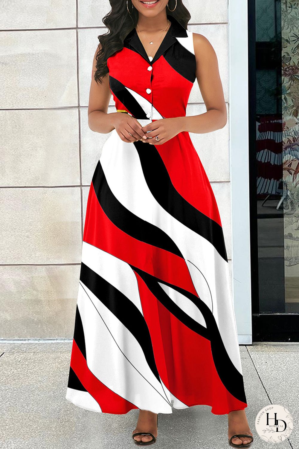 Red Casual Print Patchwork Turndown Collar Long Dress Dresses