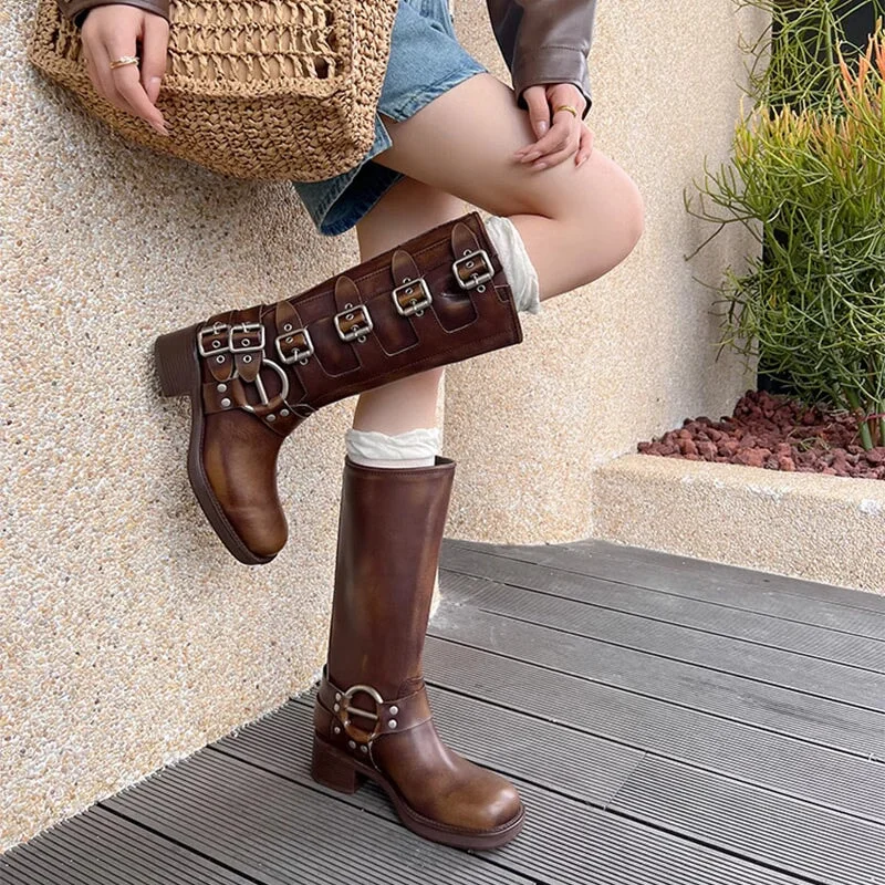 All Leather Tall Boots For Women With Buckles Western Cowboy Boots Riding Boots Big Square Toe