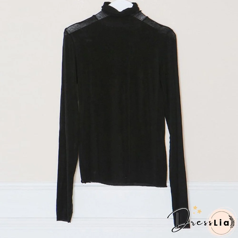 Fall Fashion Women's Tshirt Solid Long Sleeve Turtleneck Tops Ladies Tight Bottom See Through Sexy T shirt clothing