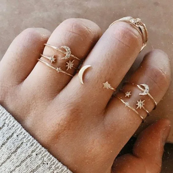 Women plus size clothing Bohemian Gold Color Chain Rings Set for Women Fashion Boho Coin Snake Moon Star Rings Party 2022 Female Trend Jewelry Gifts-Nordswear
