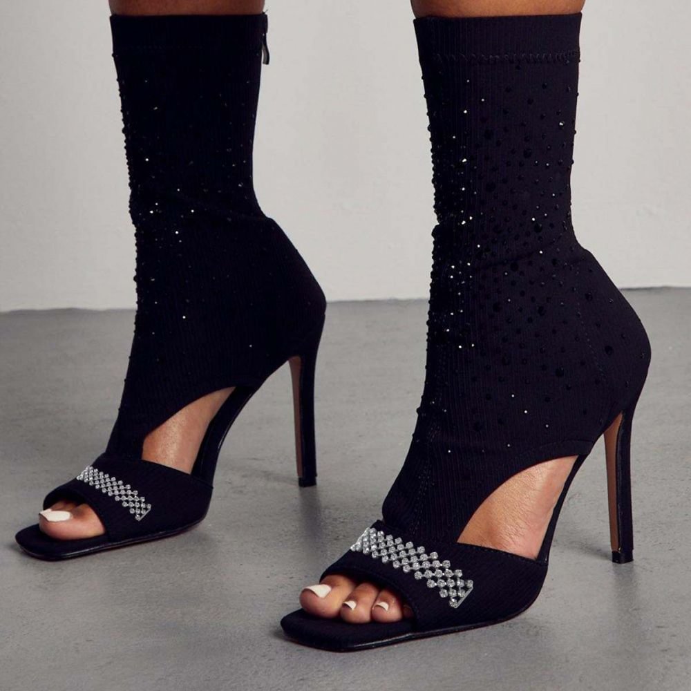 Black Square Open Toe Boots Rhinestone Howllow Out Mid Calf Sock Boots Nicepairs