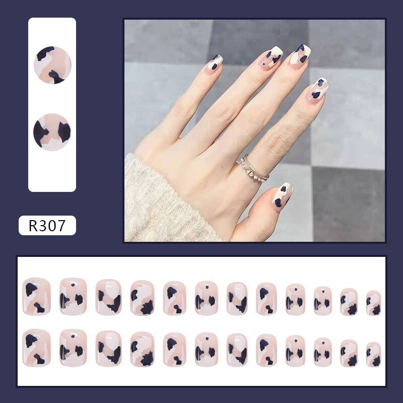 Agreedl Cow Pattern False Nails Girls Sweet Style Short Press on Nails Wearable Finished Nail Piece with Glue TY