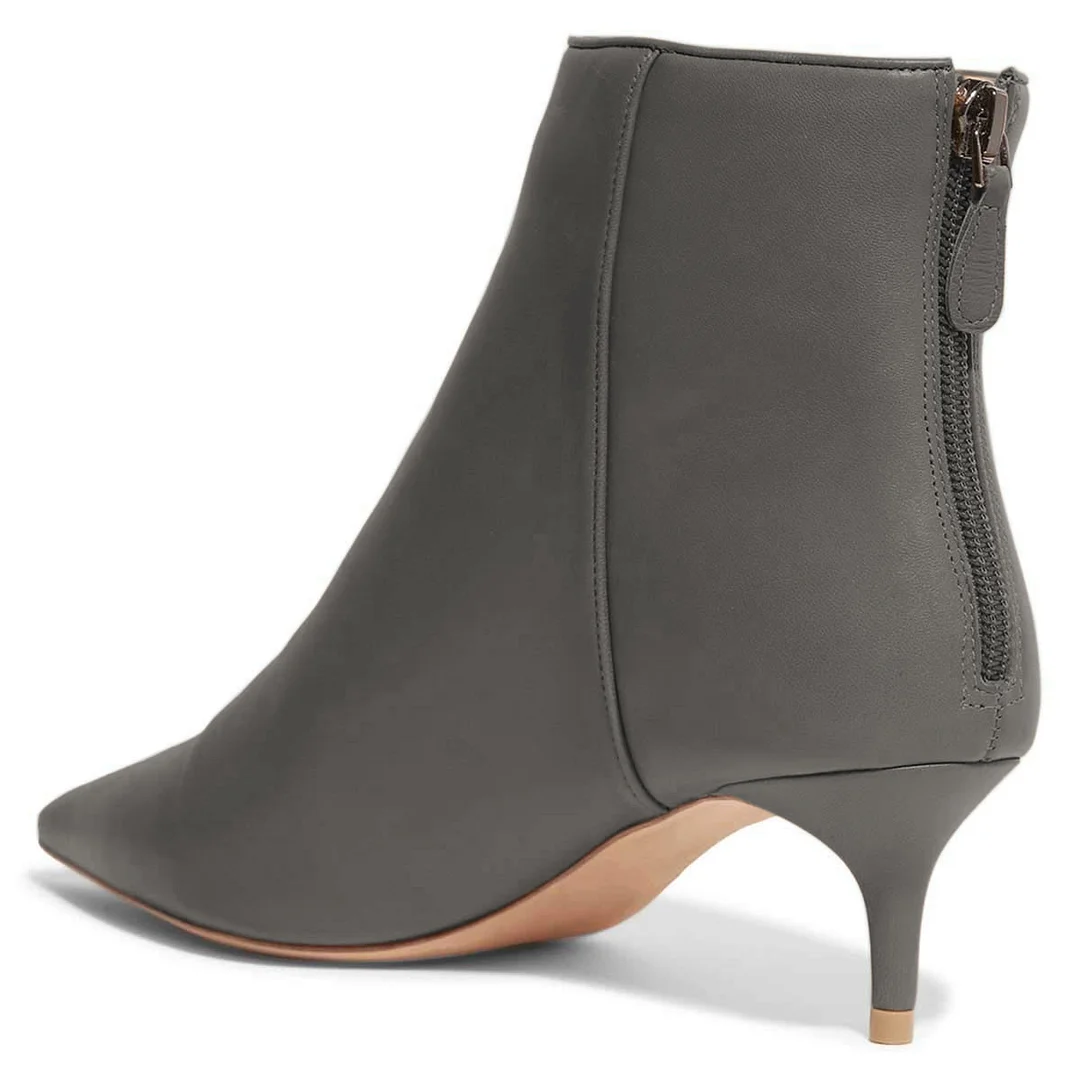 Gray Vegan Leather Pointed Kitten Heel Elegant Women's Ankle Boots