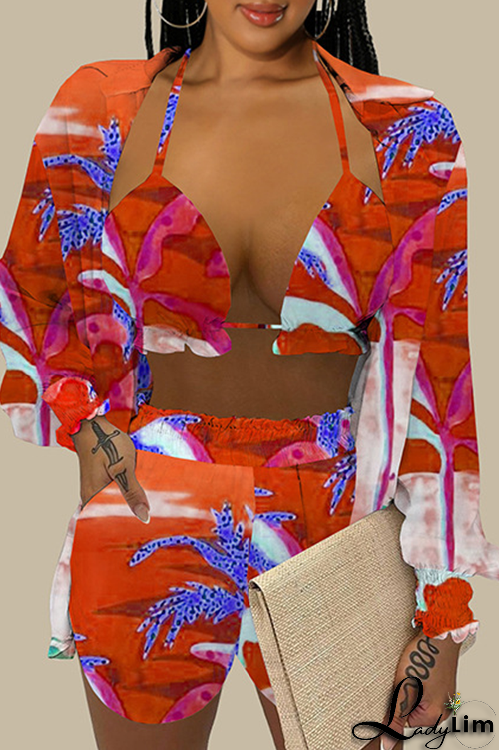 Sky Blue Casual Print Patchwork Halter Long Sleeve Three Pieces