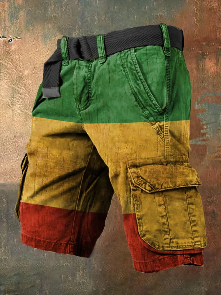 Men's Reggae Inspired Print Vintage Cargo Shorts