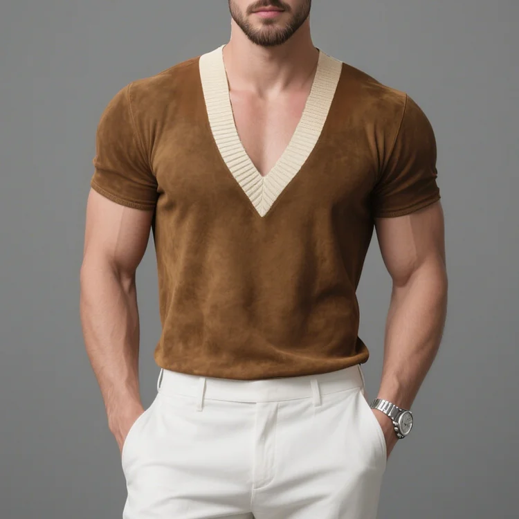 Okaywear Suede V Neck Short Sleeve T-Shirt Okaywear