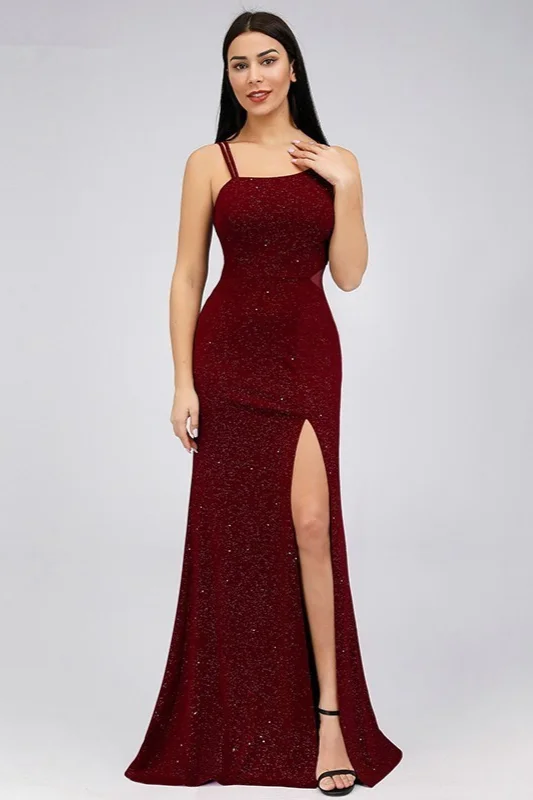 Bellasprom Burgundy Evening Gowns Sequins Prom Dress With Split Spaghetti-Starps