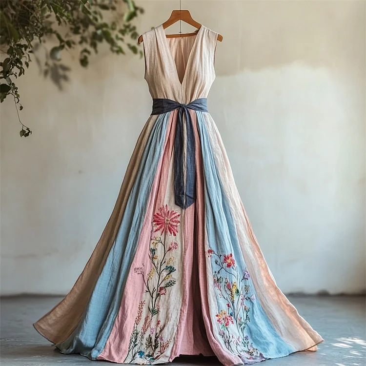 Floral Embroidered Transgender Colorblock Linen Maxi Dress