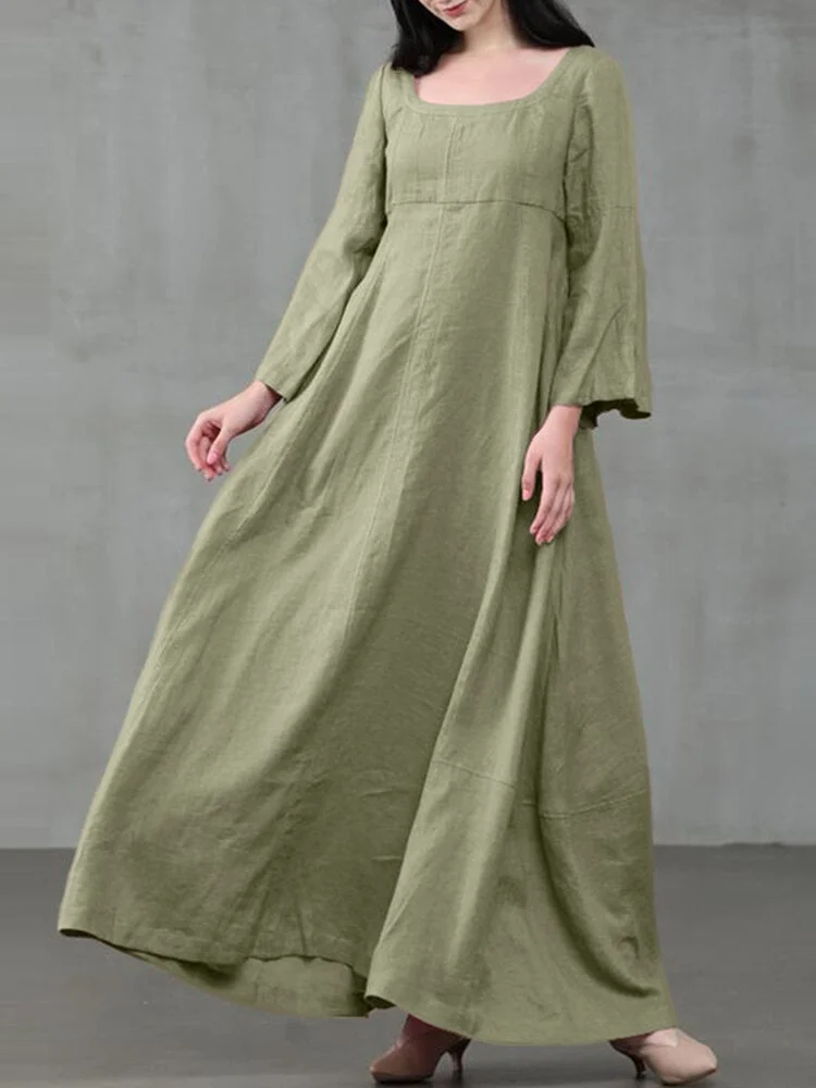 Women's Solid Color A-Line Long Sleeve Maxi Cotton Loose Dress