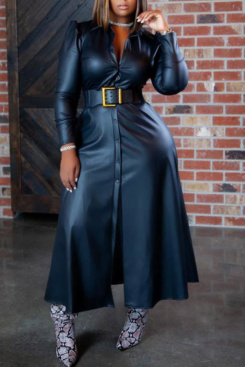 Plus Size PU Leather Casual Solid V Neck Long Sleeve Button Down Midi Dresses(No Belt)