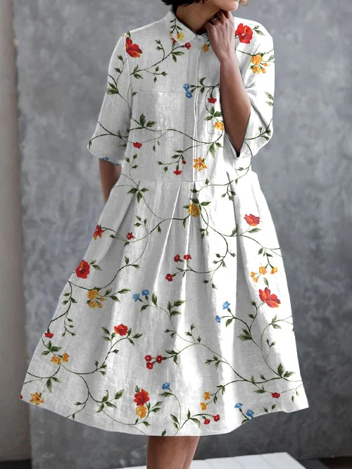 Vintage Floral Print Casual Pocket Half Sleeve Dress