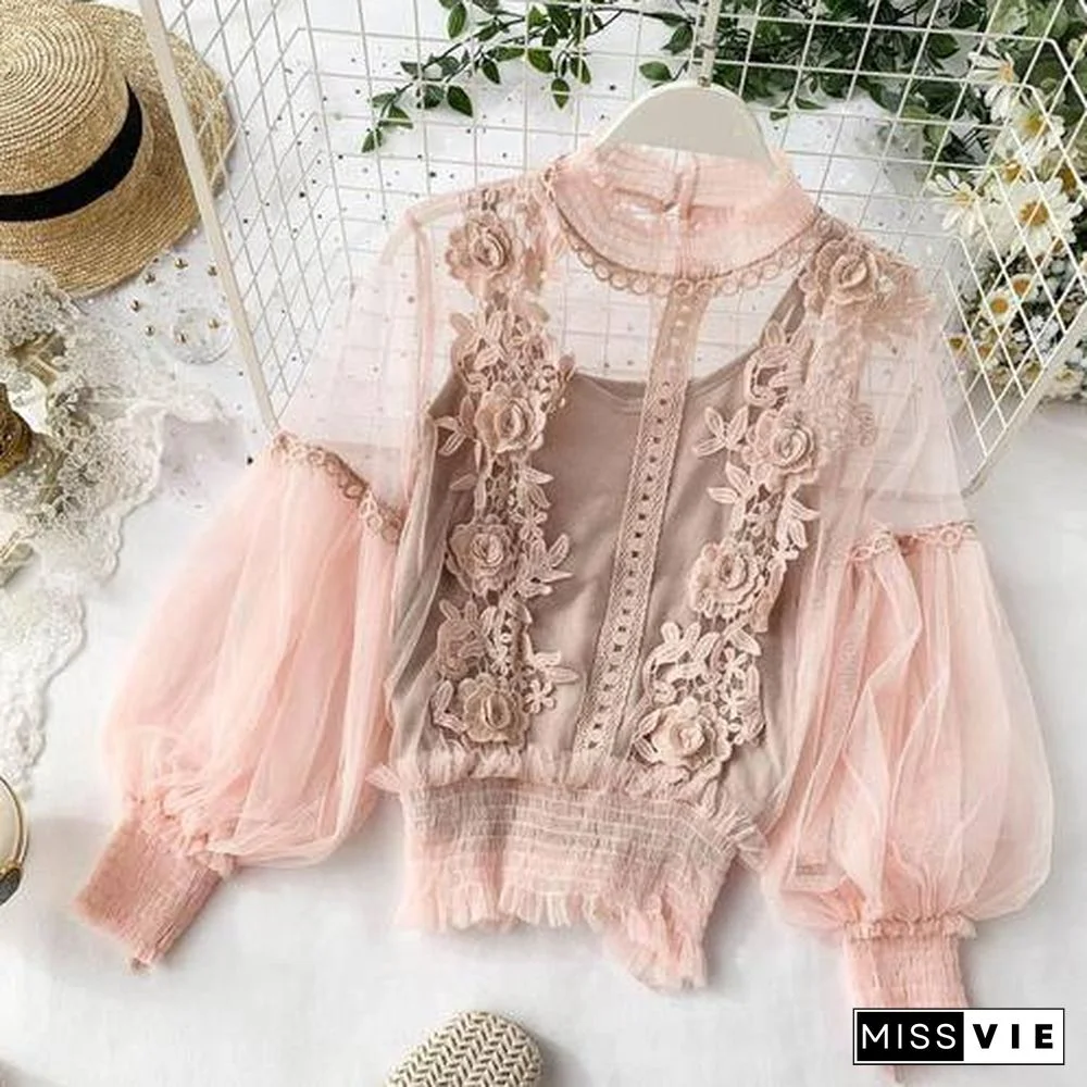Spring Women Tops Fashion Sexy Sheer Lace Blouse Lantern Sleeve 3D Floral Blouses Shirts Elegant Top Blusas Femininas