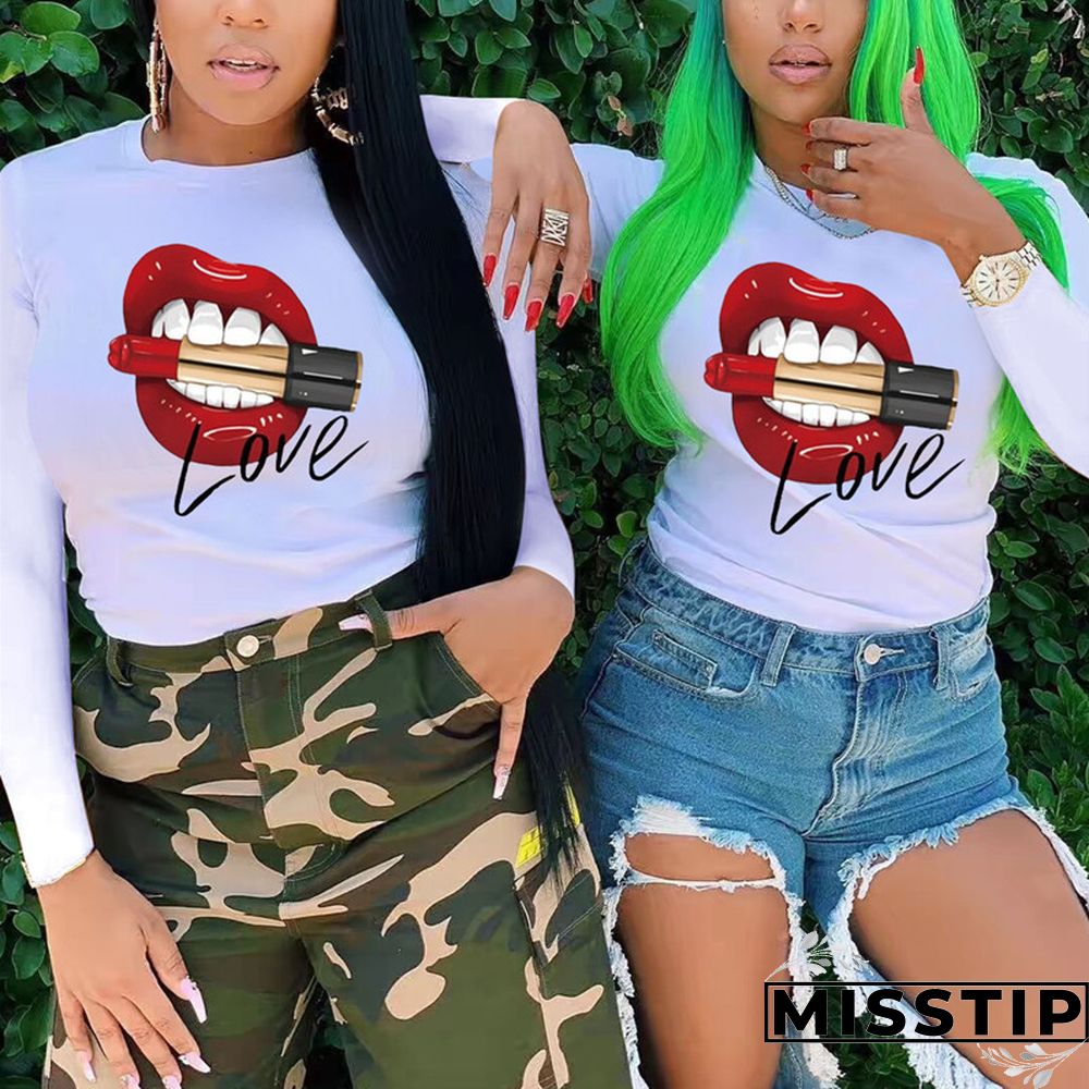 White O Neck Long Sleeve Print Tops