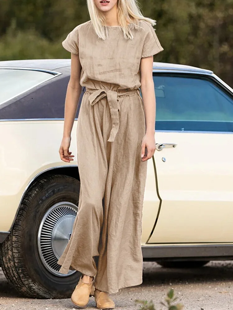 Casual Plain Big Swing Short Sleeve Belted Maxi Dress With Pockets