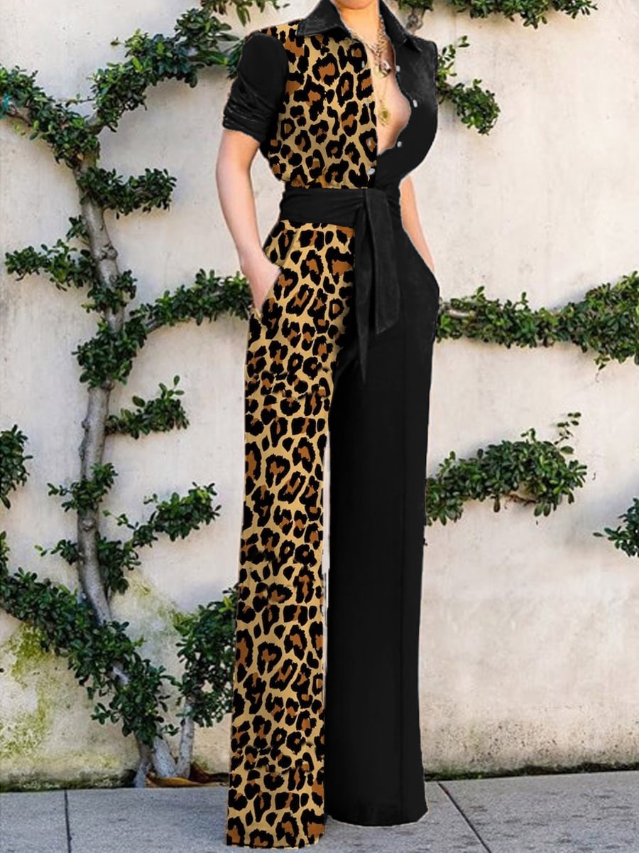 Fashion Color Block Leopard Print Button-up Jumpsuit Women