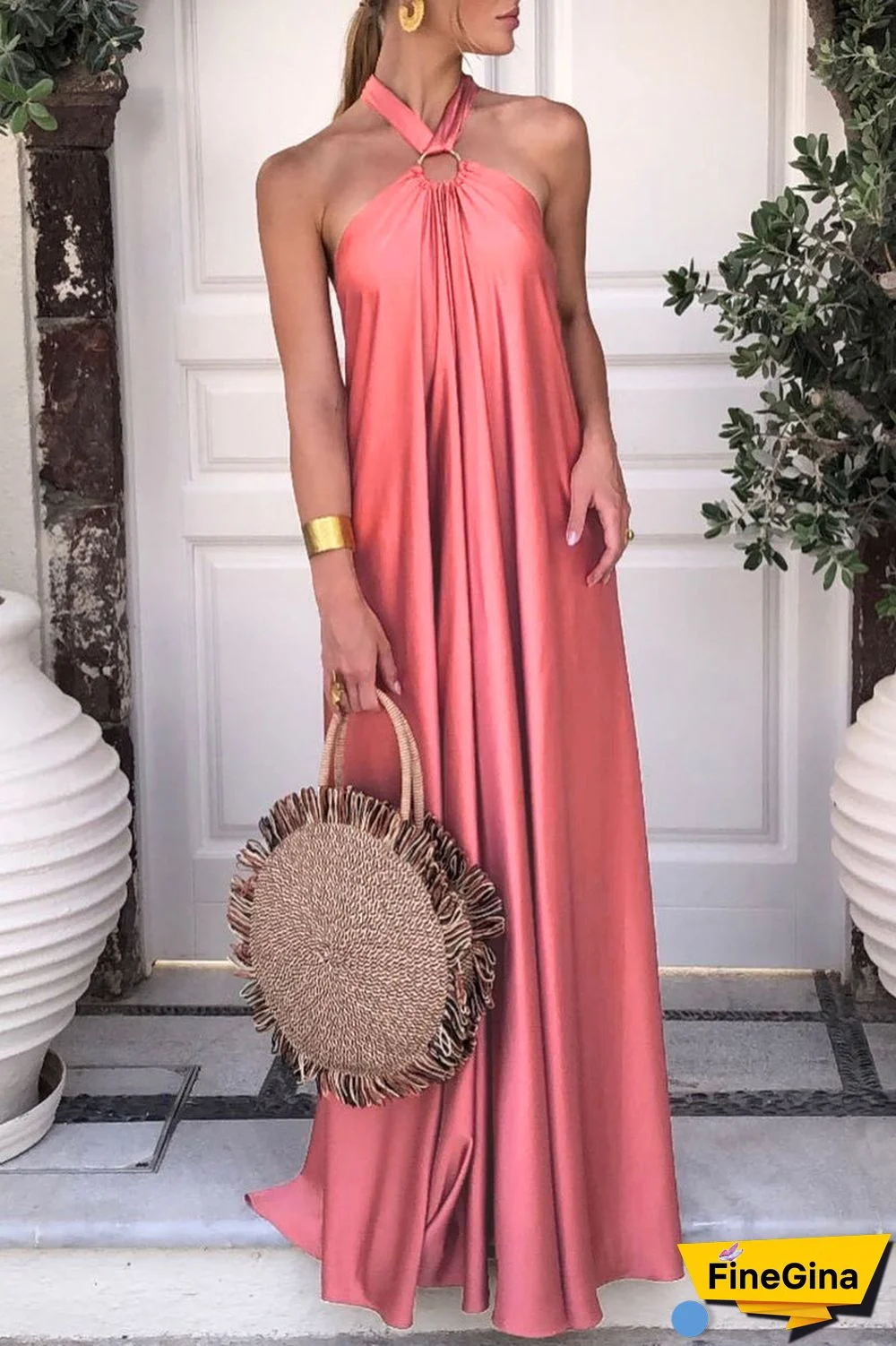 Sexy Vacation Solid Patchwork Solid Color Halter Sleeveless Dress Dresses(3 Colors)