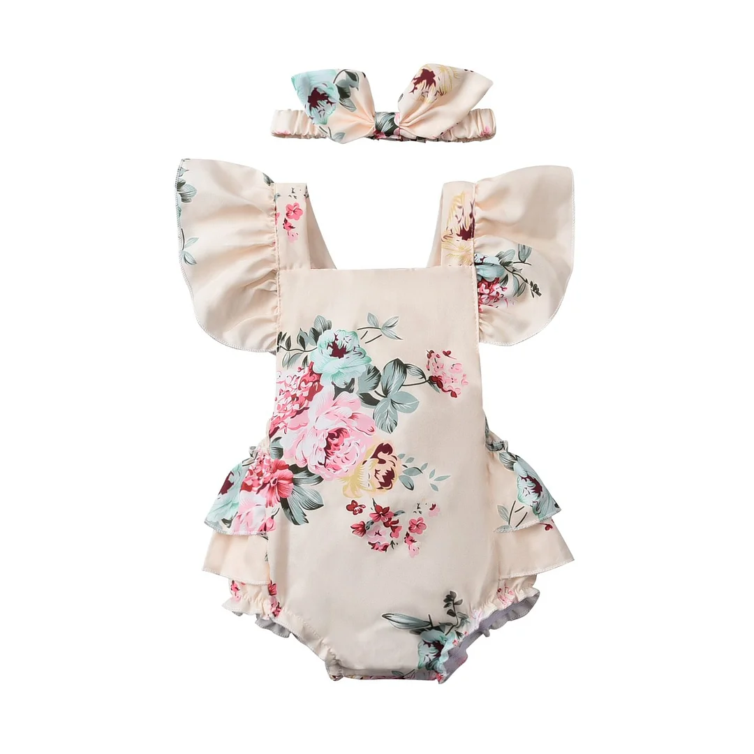 Breathable Infant Baby Girls Outfit Suit, Infant Summer Sweet Style Creative Floral Printing Fly Sleeve Romper + Bow Headwear