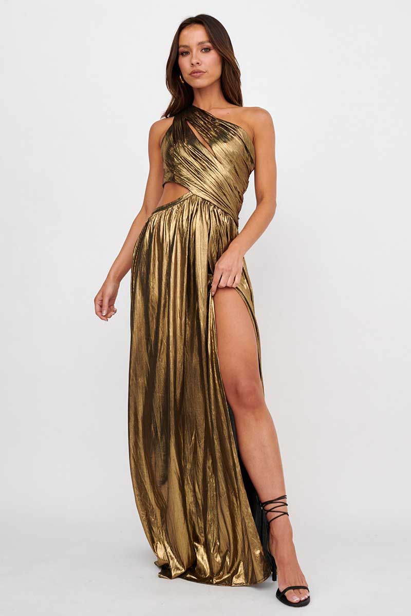 Sheen Metallic Finish One Shoulder Cut Out High Slit Formal Party Maxi Dresses-Gold [Pre Order]