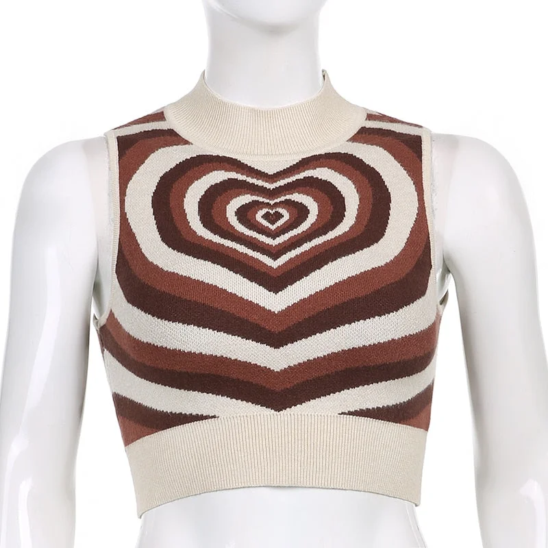 Sweetown 2000s Aesthetic Cute Knitted Tank Vest Pink Heart Print Kawaii Graphic T Shirts Womens Brown Vintage Girl Crop Top