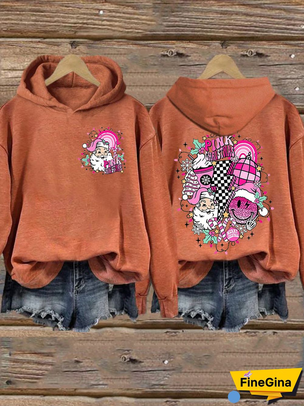 Women&rsquo;s Merry Christmas Retro Pink Christmas Pink Santa Claus Printed Hoodie