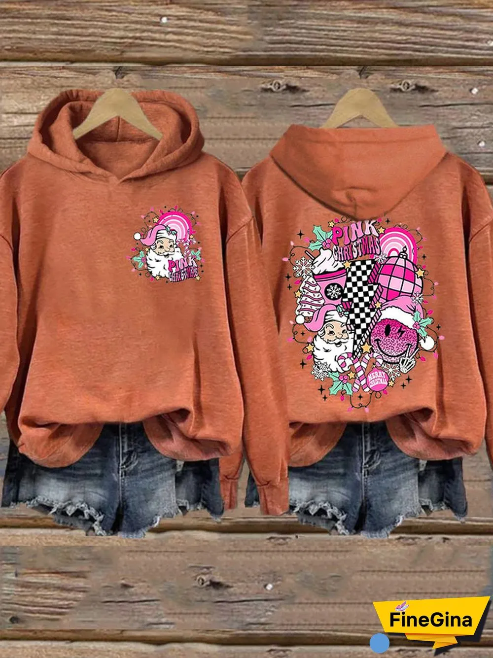 Women&rsquo;s Merry Christmas Retro Pink Christmas Pink Santa Claus Printed Hoodie