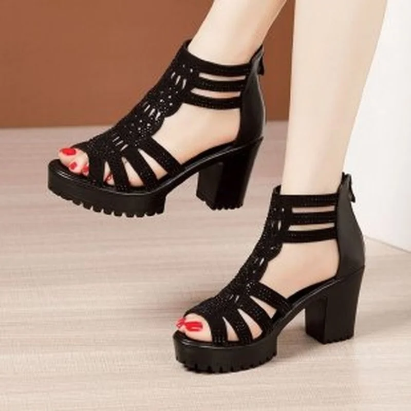 Qengg High Heels Gladiator Sandals Woman Open Head Sexy Rivet Block Heel Platform Shoes Summer Back Zip Size 35-40 Women Sandals